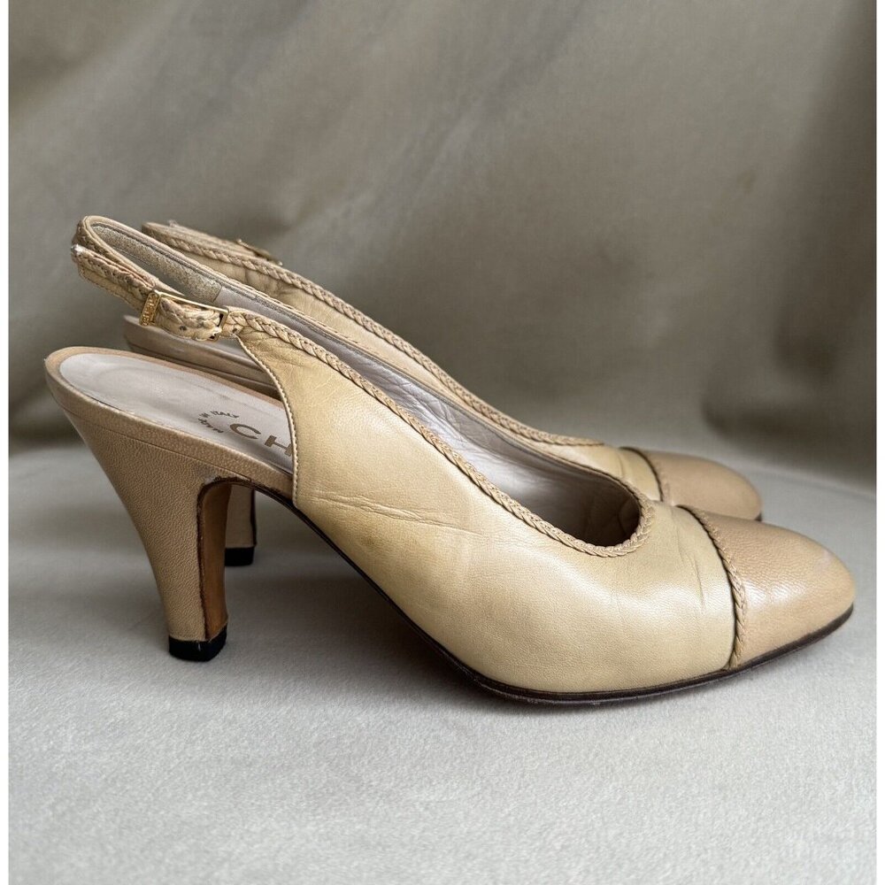 Chanel Vintage Sling back Size 6G Beige Leather Heels Shoes - Picture 2 of 9